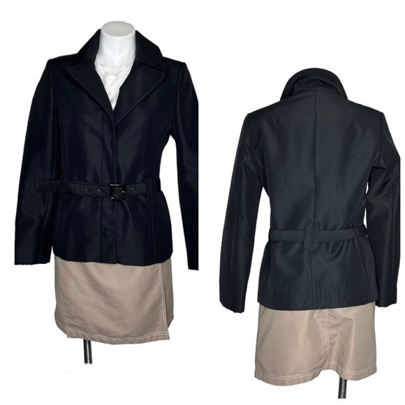 BENETTON Black Jacket Blazer Belted Snap Closure Lined Oversized Collar Size 44 - Picture 15 of 15